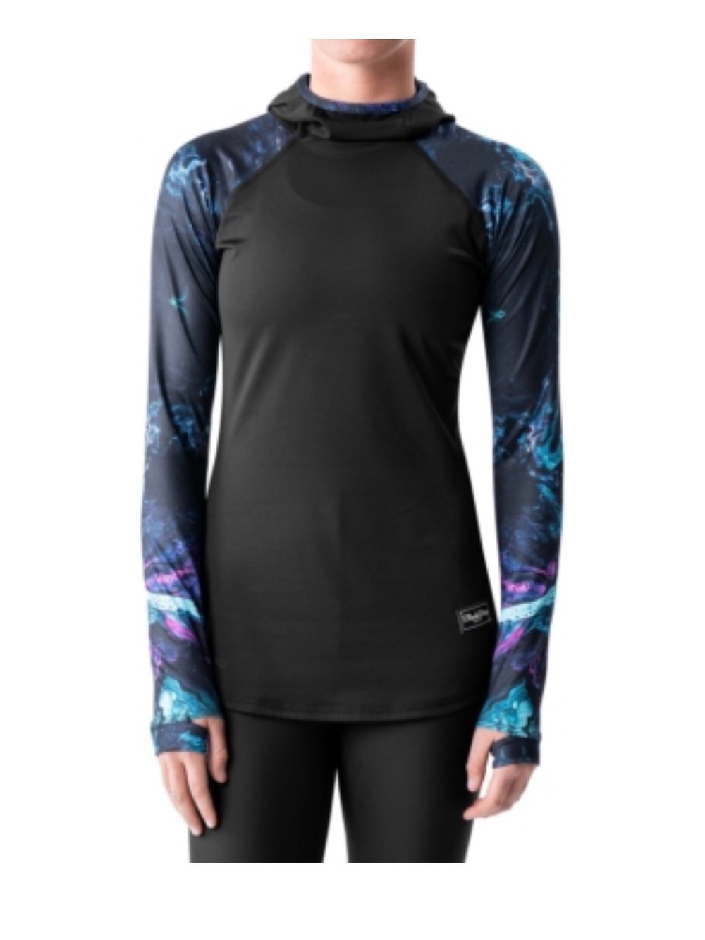 Blackstrap Women’s Black Hooded Rash Guard with Blue Purple Print‎ Sleeves